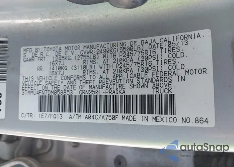 2013 Toyota Tacoma Base V6 z USA, uszkodzony, nr VIN 3TMMU4FN7DM058853